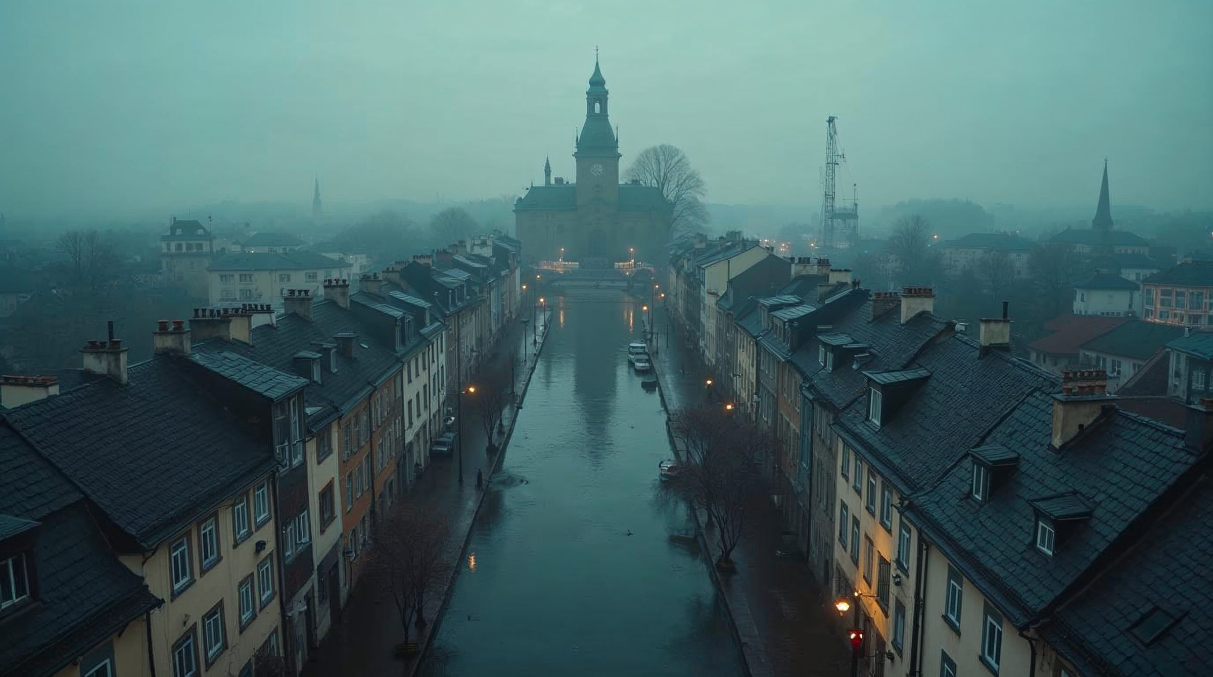 Luftaufnahme einer deutschen Stadt in der Dämmerung