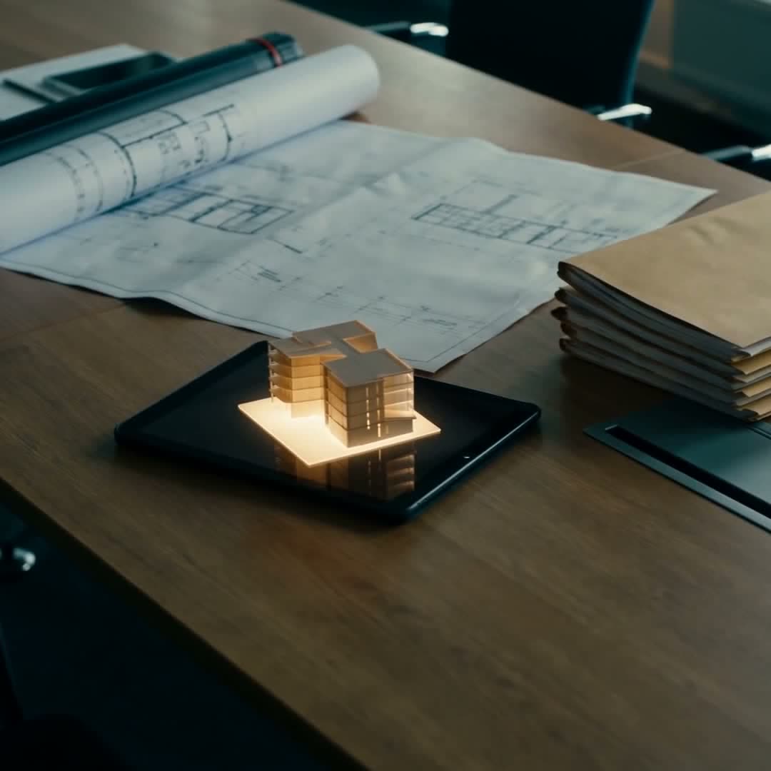 KI-generierte Szene: Bauplan, Aktenordner und Architekturmodell auf einem Projekttisch