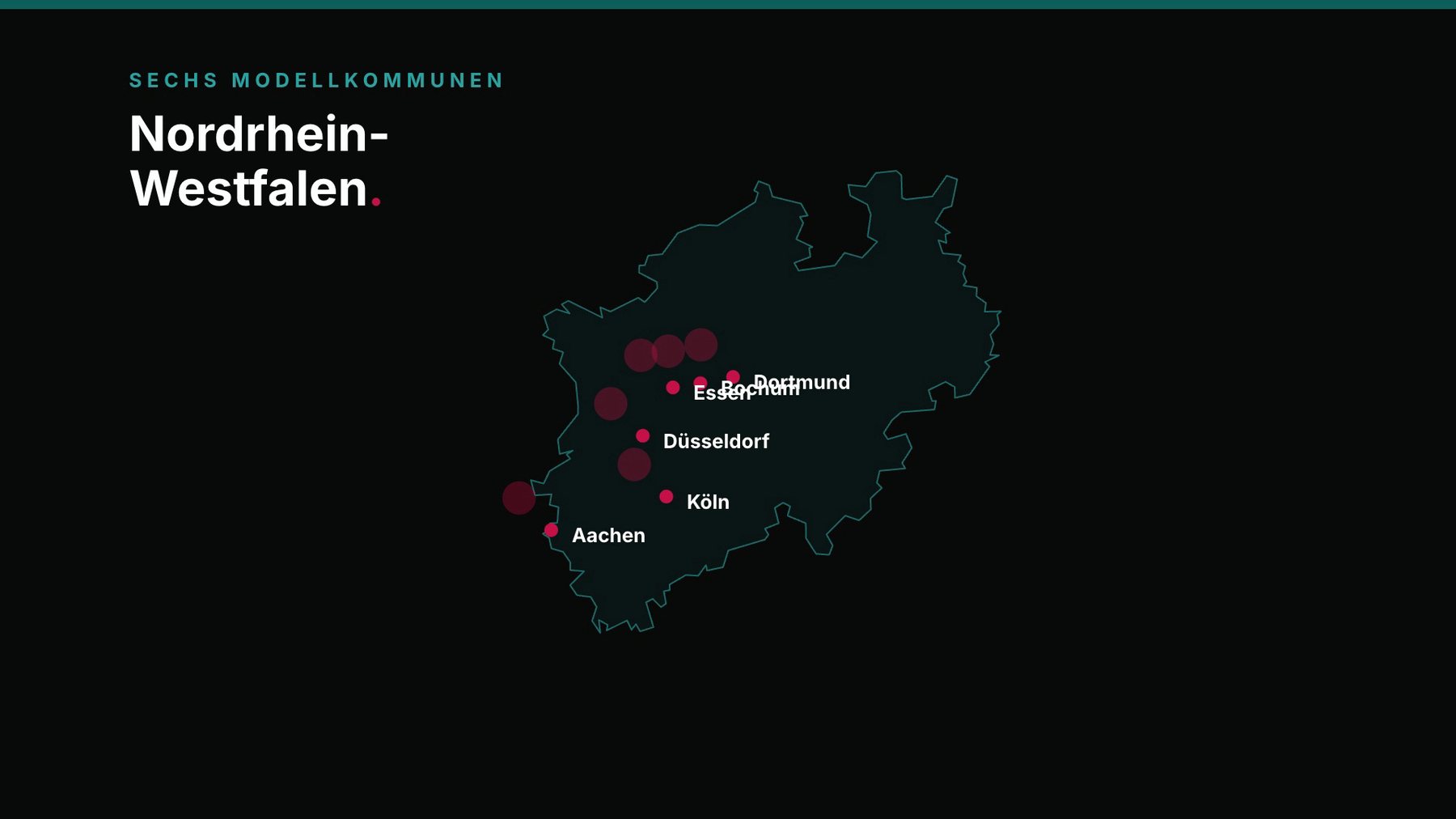 Karte von Nordrhein-Westfalen mit sechs Modellkommunen