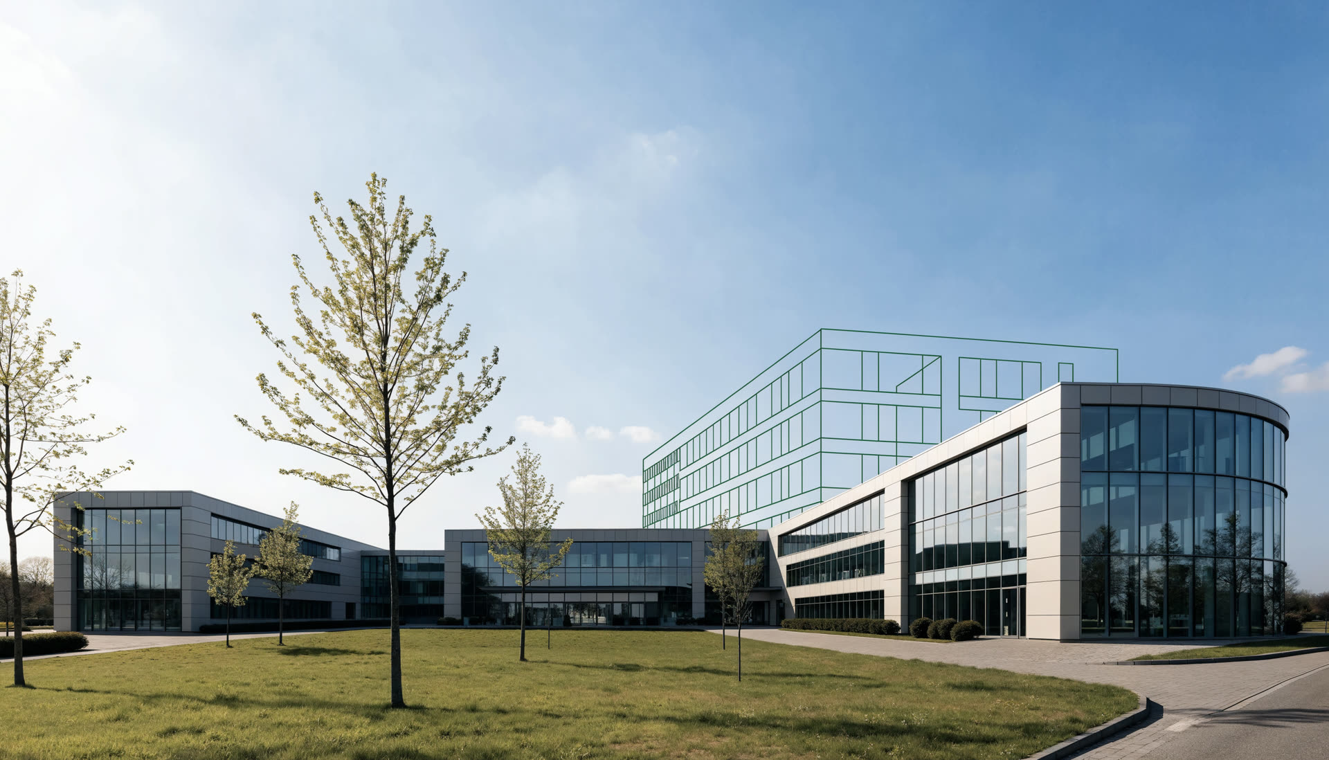 KI-generiertes Bild: Klinik- und Verwaltungscampus bei Tageslicht, ueber dem Bestand ein gruenes Drahtgittermodell eines geplanten Erweiterungsbaus