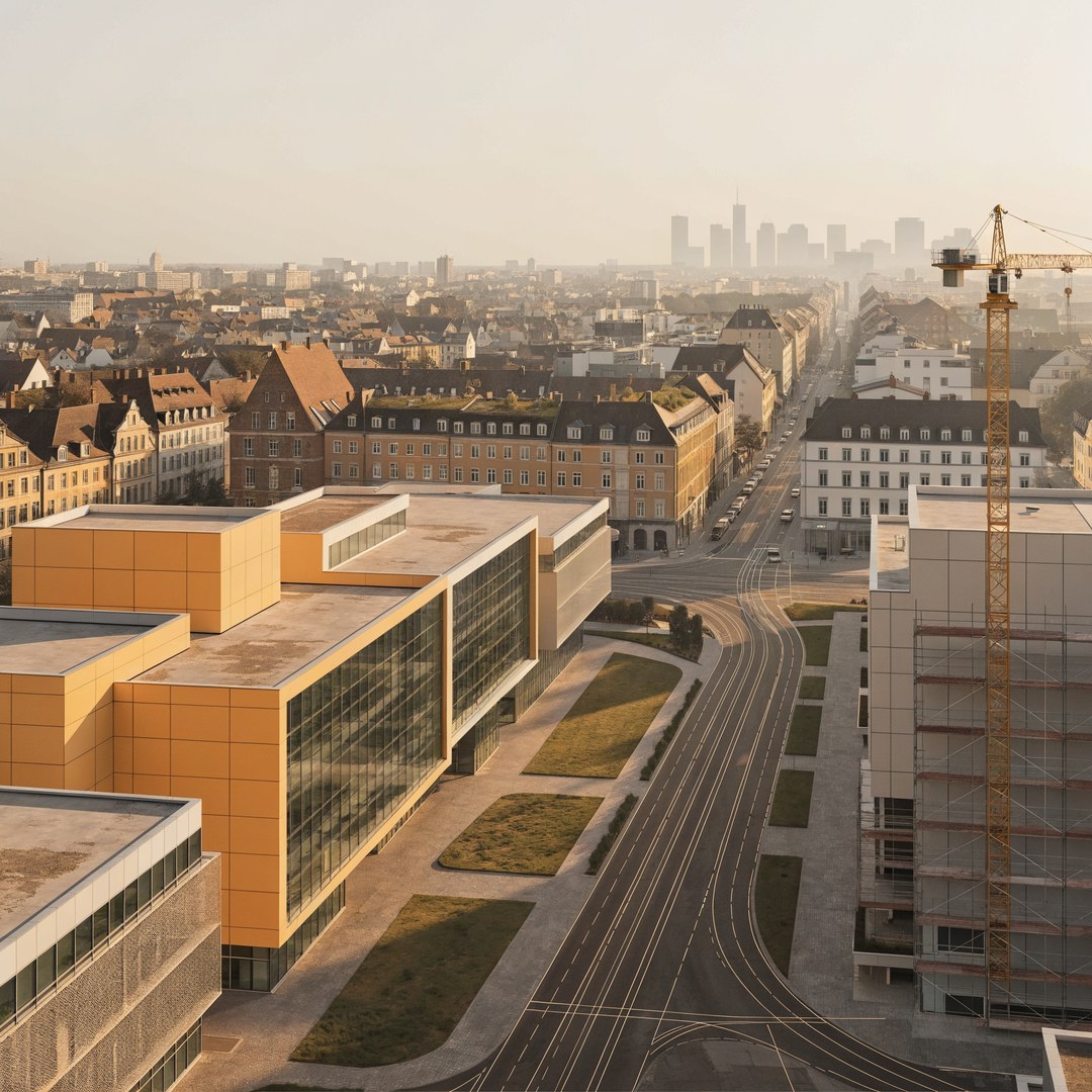 KI-generierte Szene: neue Schul- und Klinikbauten in einer Stadt, dazwischen Straßen- und Tramnetz, rechts ein Rohbau mit Kran