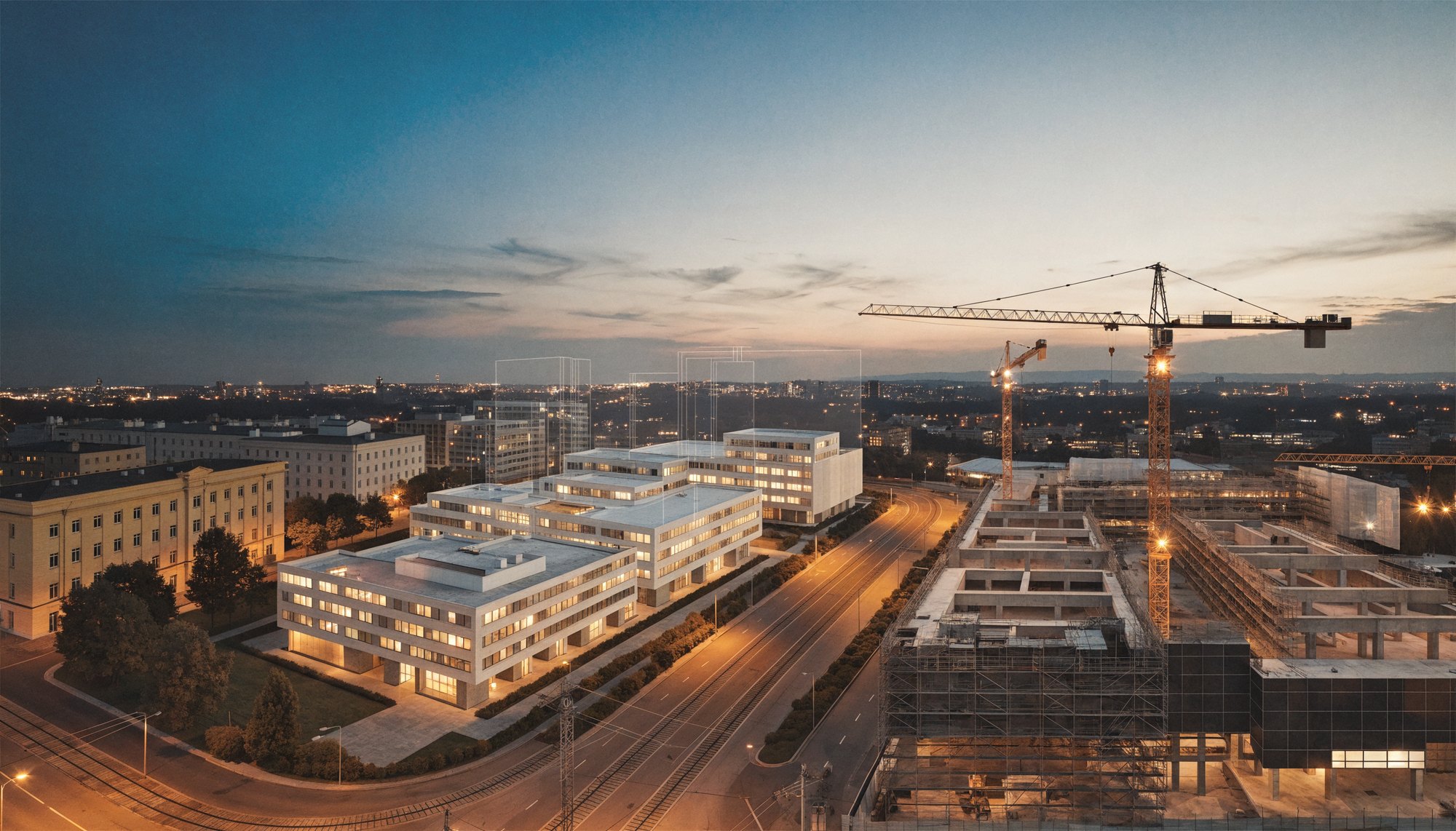 KI-generierte Szene: öffentliche Neubauten und eine Großbaustelle zur blauen Stunde, verbunden durch Straße und Tram